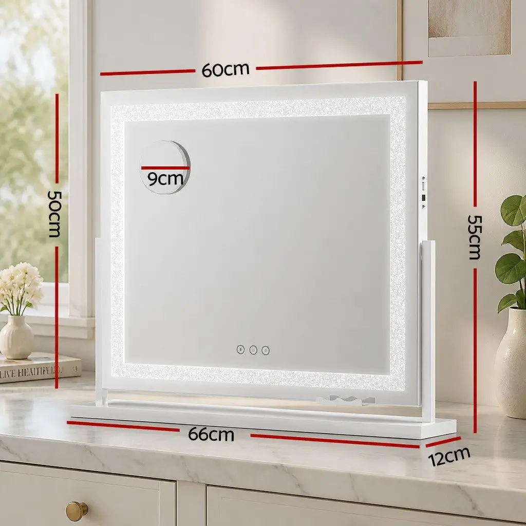 LED Makeup Mirror 60x50cm Lighted Vanity Mirror 360 Rotatable Crystal Tabletop