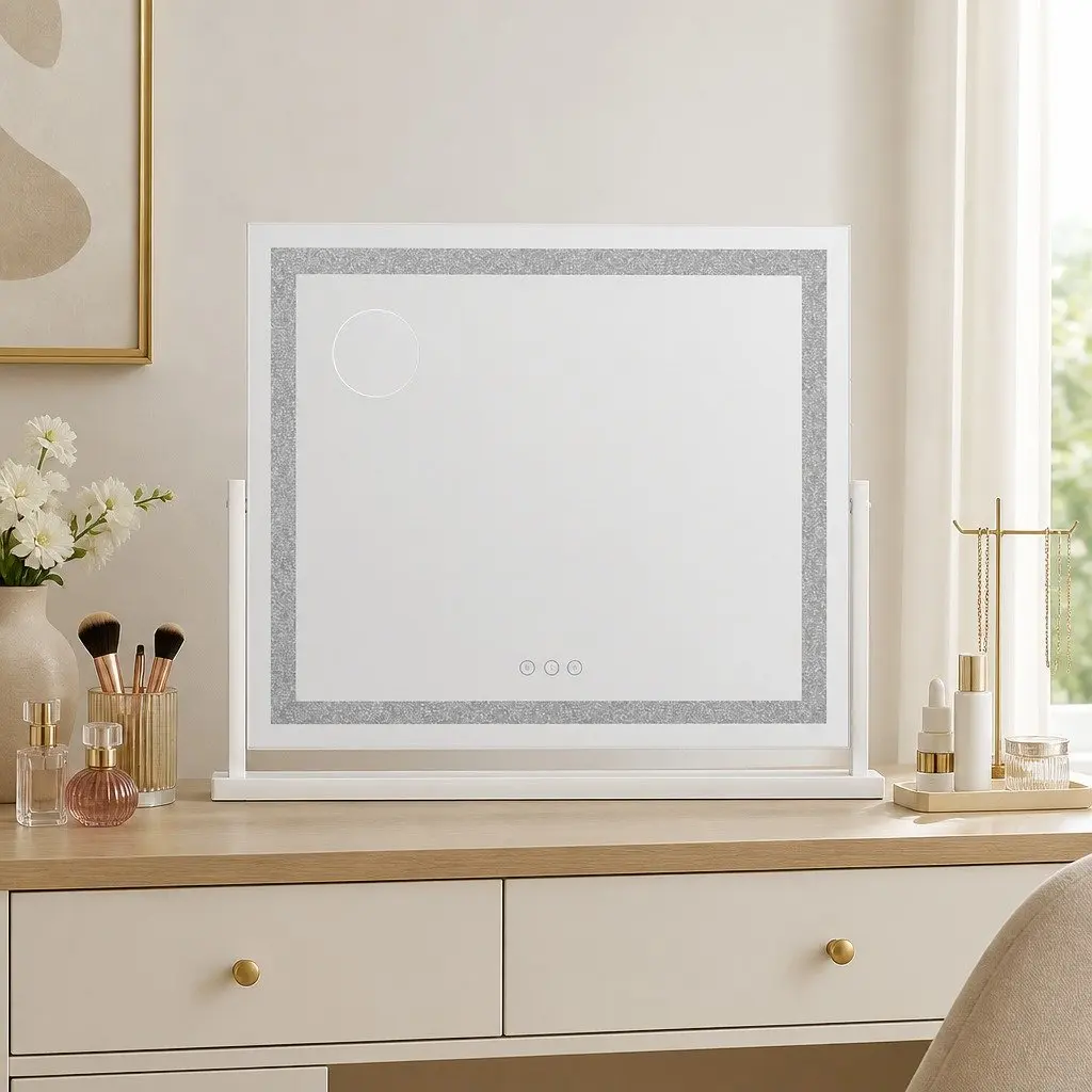 LED Makeup Mirror 60x50cm Lighted Vanity Mirror 360 Rotatable Crystal Tabletop