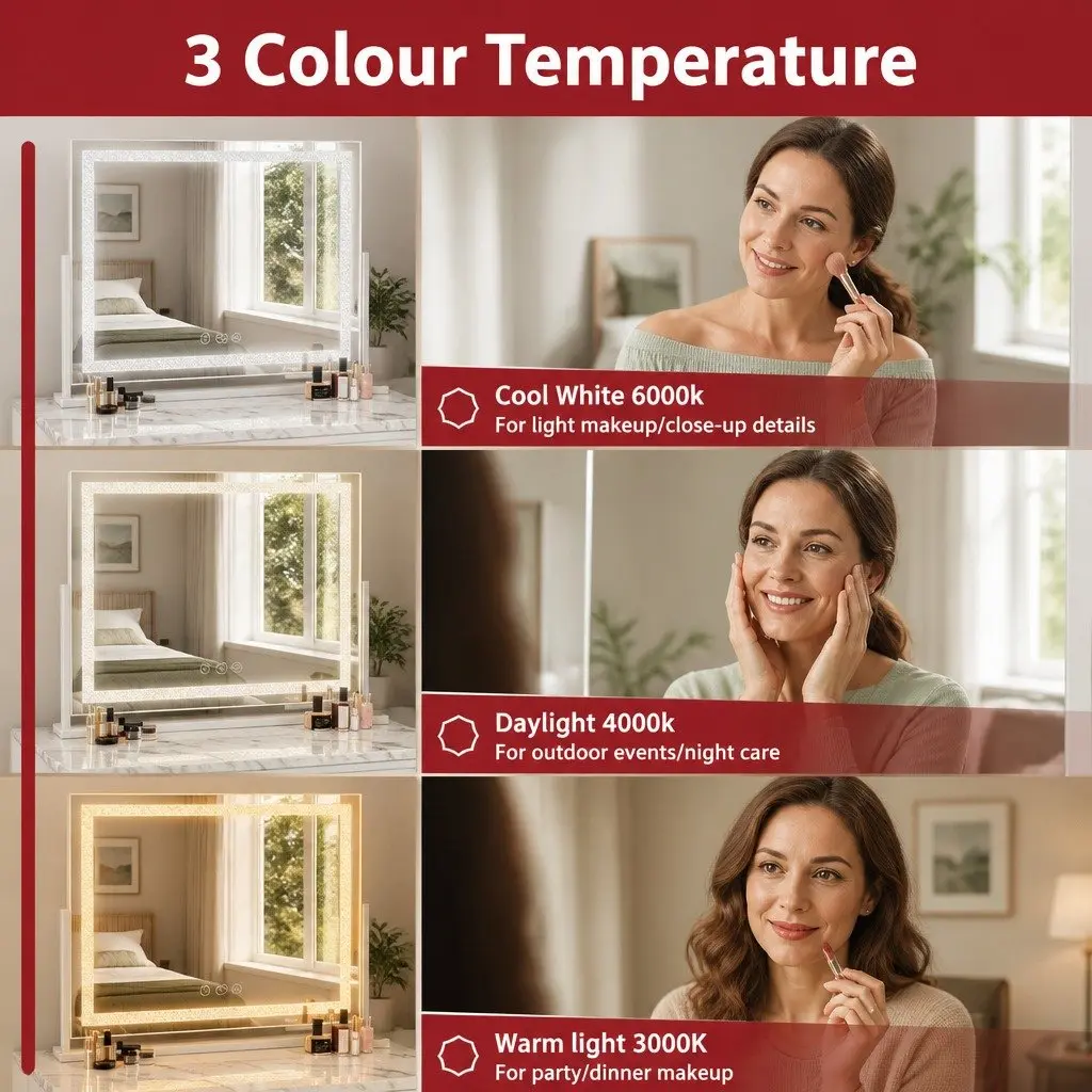 LED Makeup Mirror 60x50cm Lighted Vanity Mirror 360 Rotatable Crystal Tabletop