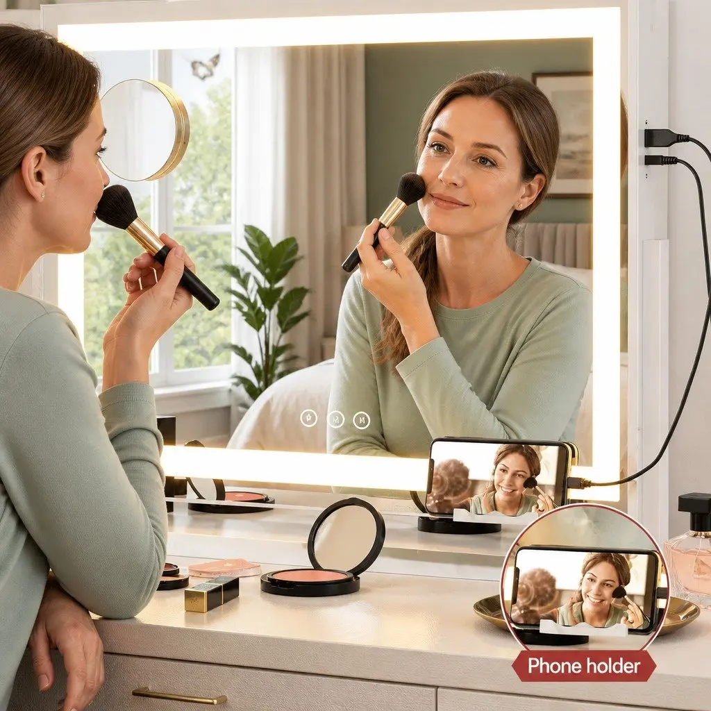 LED Makeup Mirror Adjustable Light 80x58cm White 360° Rotatable