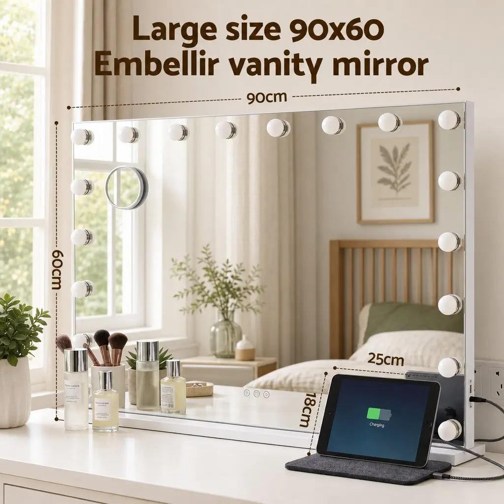 Hollywood Vanity Mirror Makeup Mirror 90x60cm Frameless with 18 LED Bulbs