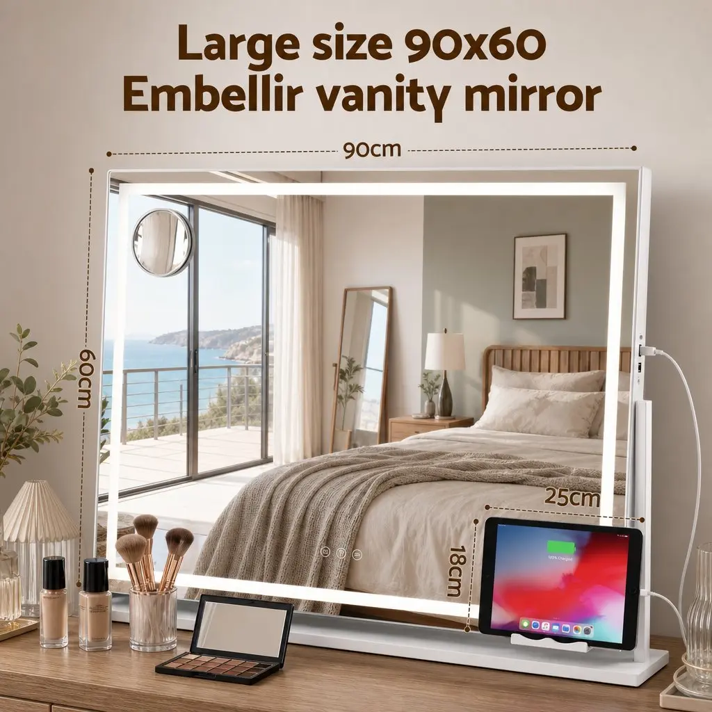 Makeup Mirror 90x60cm 360 Degree Rotatable LED Lights White