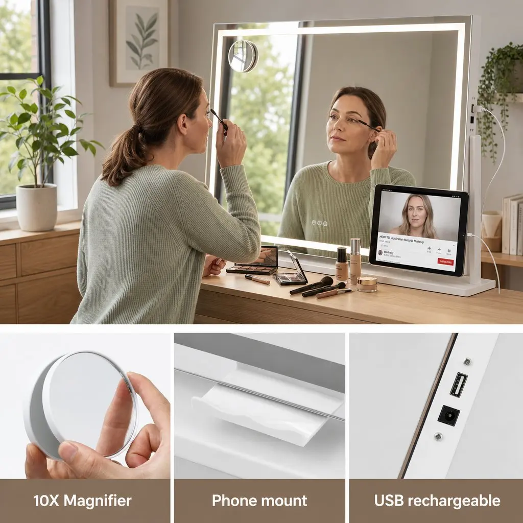 Makeup Mirror 90x60cm 360 Degree Rotatable LED Lights White