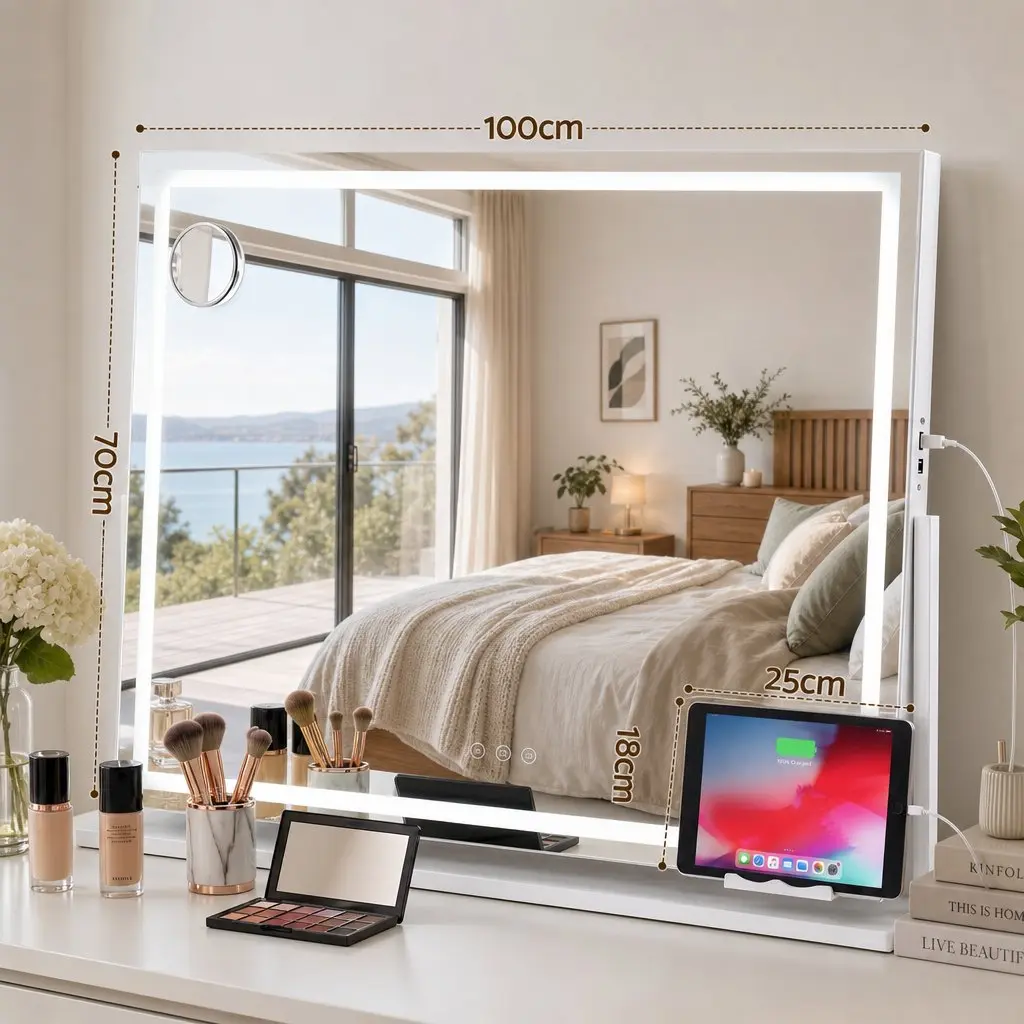 Vanity Makeup Mirror 100x70cm LED Lighted 360 Degree Rotatable White