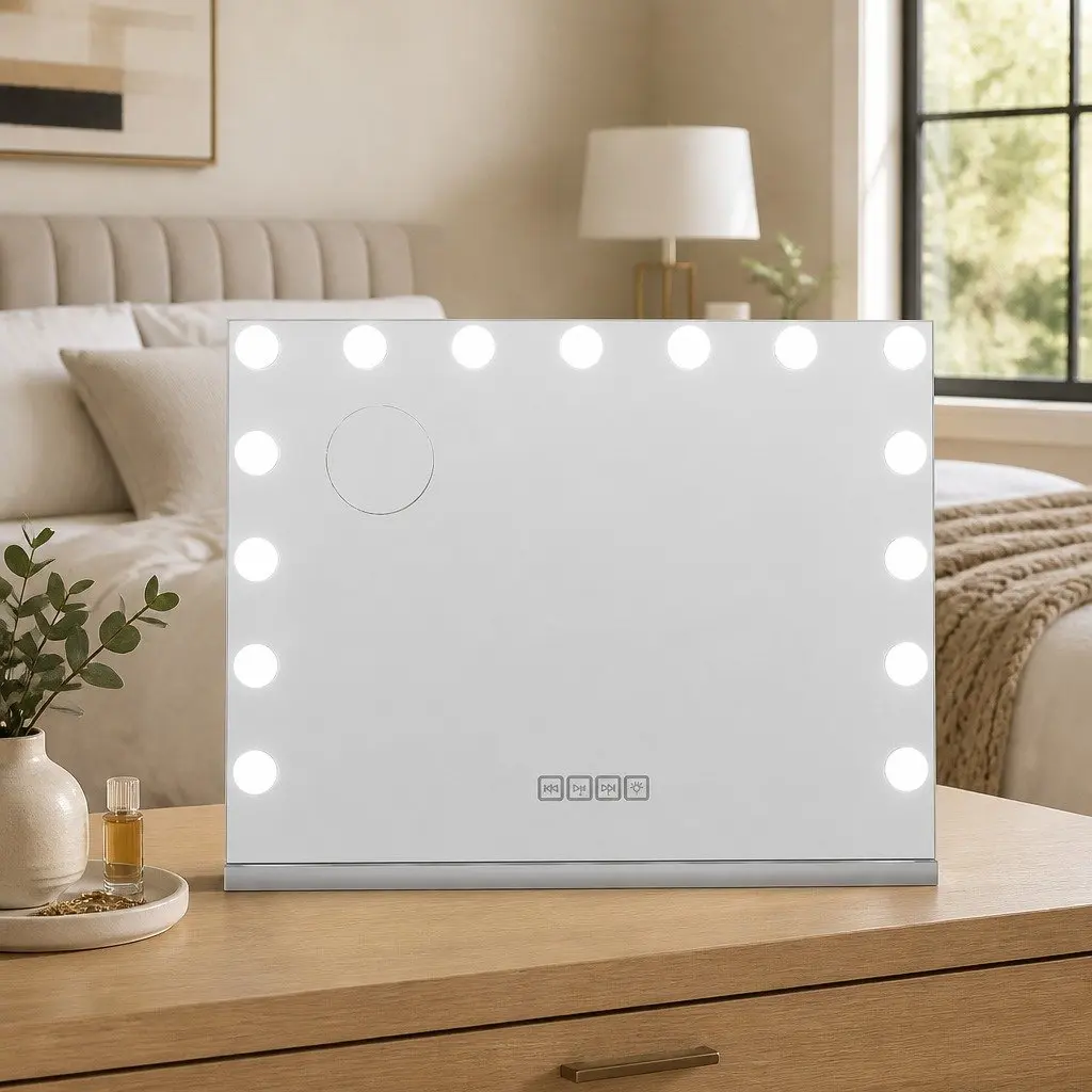 Hollywood Vanity Mirror with Bluetooth Speaker 58cm x 46cm Silver Touch Control with 15 LED Lights Adjustable Brightness and Colour Temperature