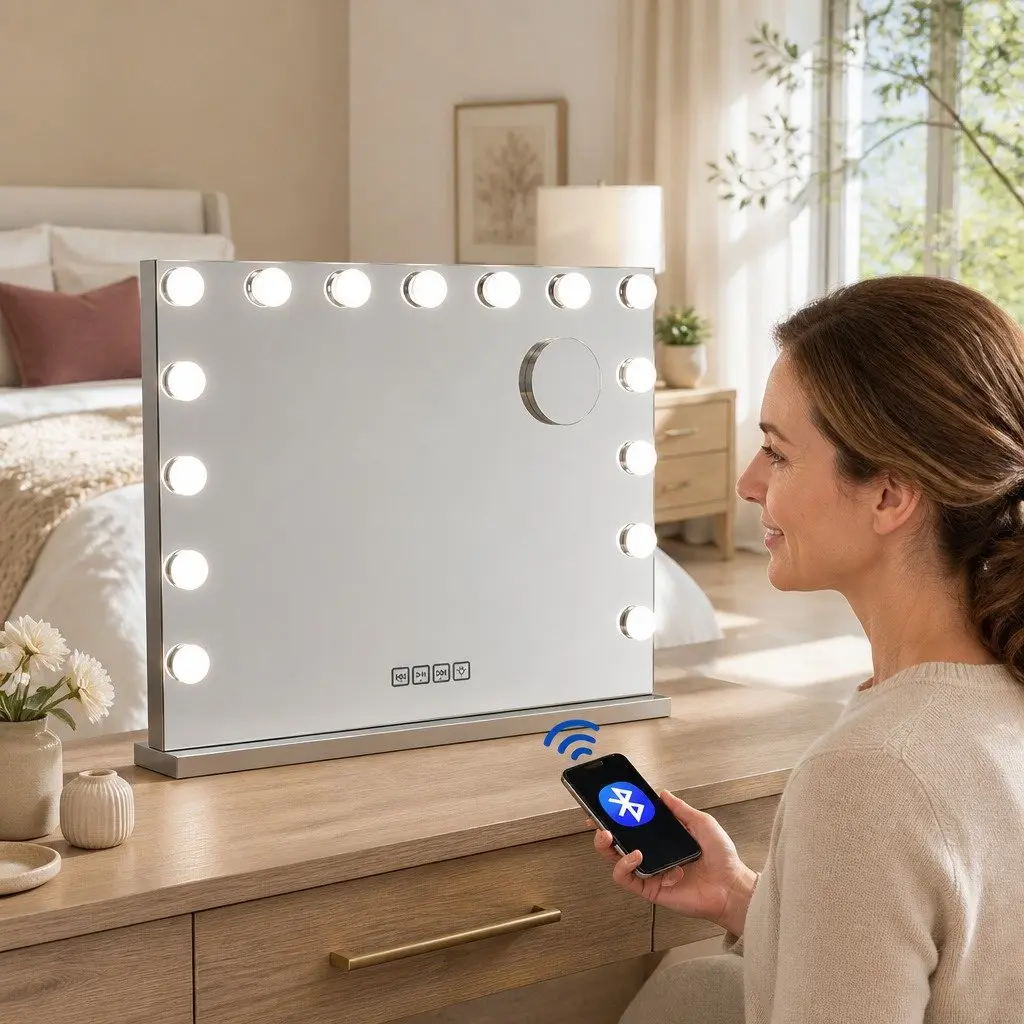 Hollywood Vanity Mirror with Bluetooth Speaker 58cm x 46cm Silver Touch Control with 15 LED Lights Adjustable Brightness and Colour Temperature