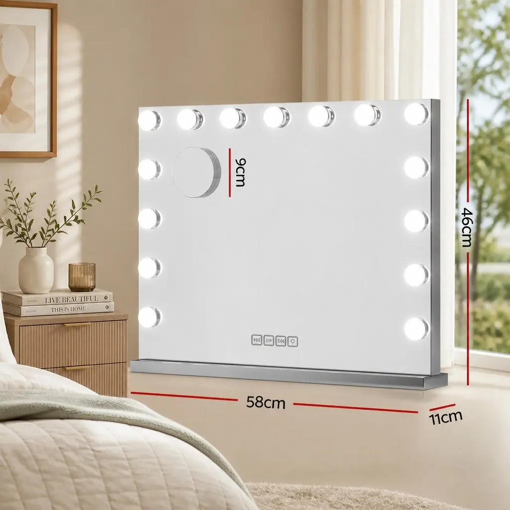 Hollywood Vanity Mirror with Bluetooth Speaker 58cm x 46cm Silver Touch Control with 15 LED Lights Adjustable Brightness and Colour Temperature