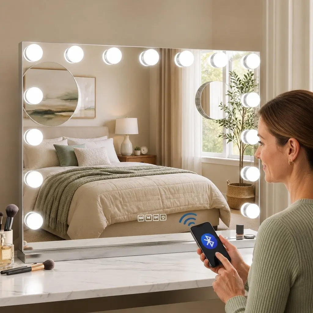Hollywood Vanity Mirror with Bluetooth Speaker 58cm x 46cm Silver Touch Control with 15 LED Lights Adjustable Brightness and Colour Temperature