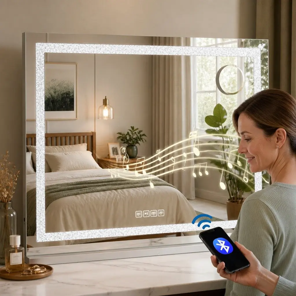 Lighted Makeup Mirror Touch Control 80x58cm White LED Crystal Bluetooth Speaker