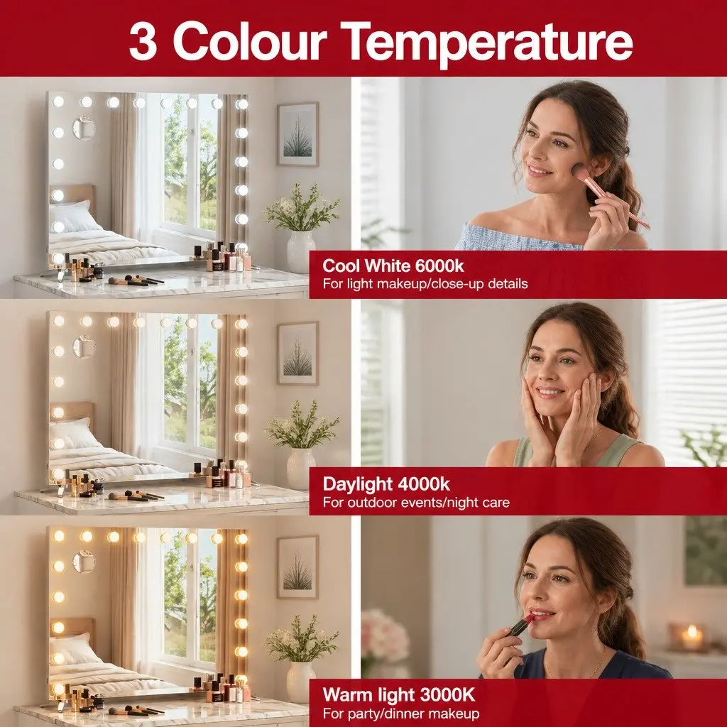 Makeup Mirror Hollywood Vanity LED Light Touch Control 80x65cm White