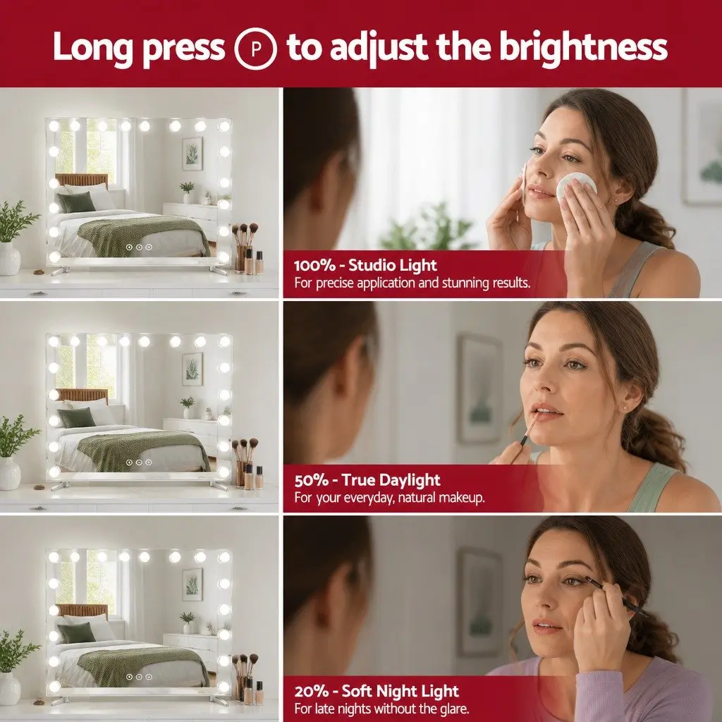 Makeup Mirror Hollywood Vanity LED Light Touch Control 80x65cm White