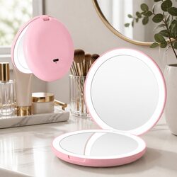 LED Compact Makeup Mirror 1x 10x Magnification Lighted Travel Pocket Pink Round