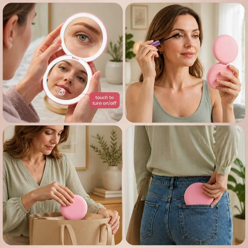 LED Makeup Mirror Lighted Travel Pocket 7.5cm Pink Round 1x 10x Magnification