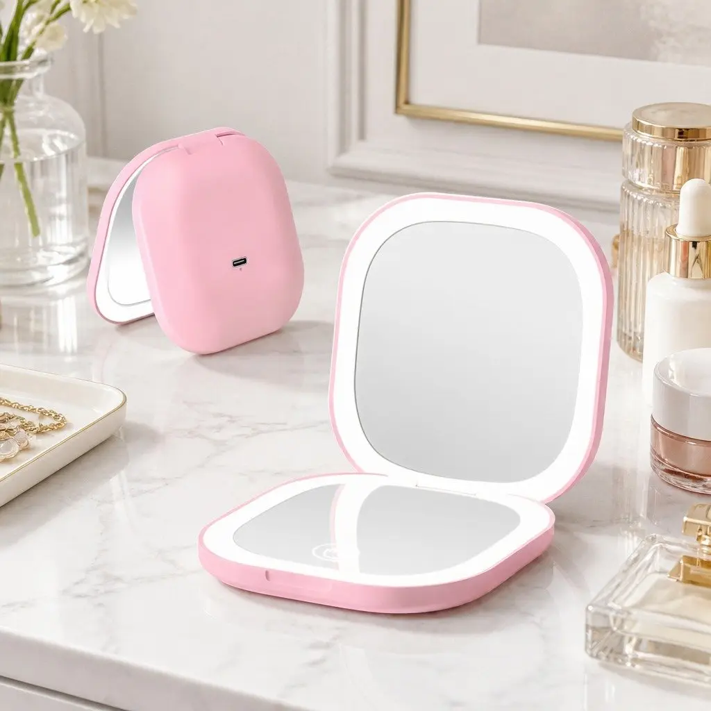 LED Makeup Mirror Dual Magnification 1x 10x Portable Lighted Square Pink
