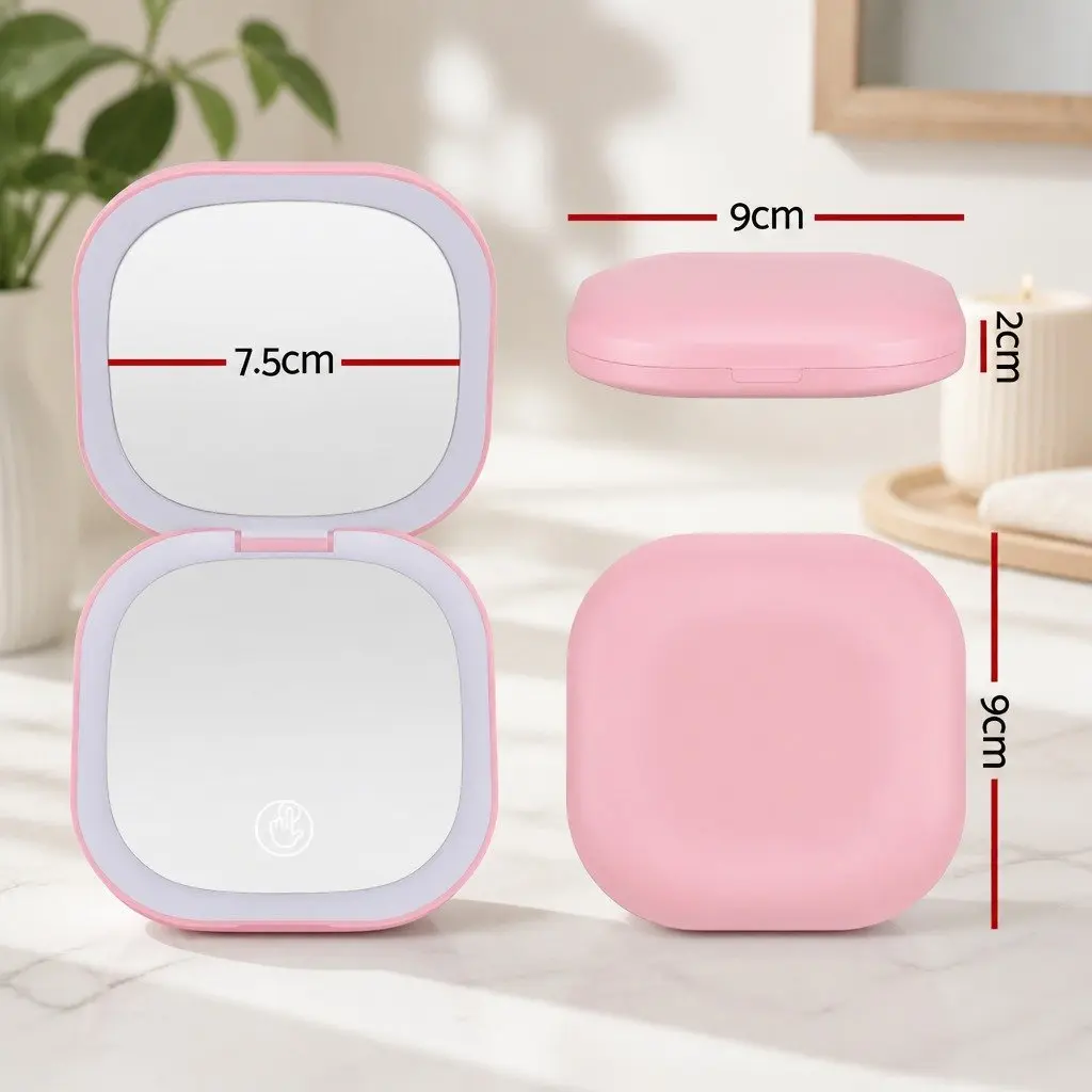 LED Makeup Mirror Dual Magnification 1x 10x Portable Lighted Square Pink