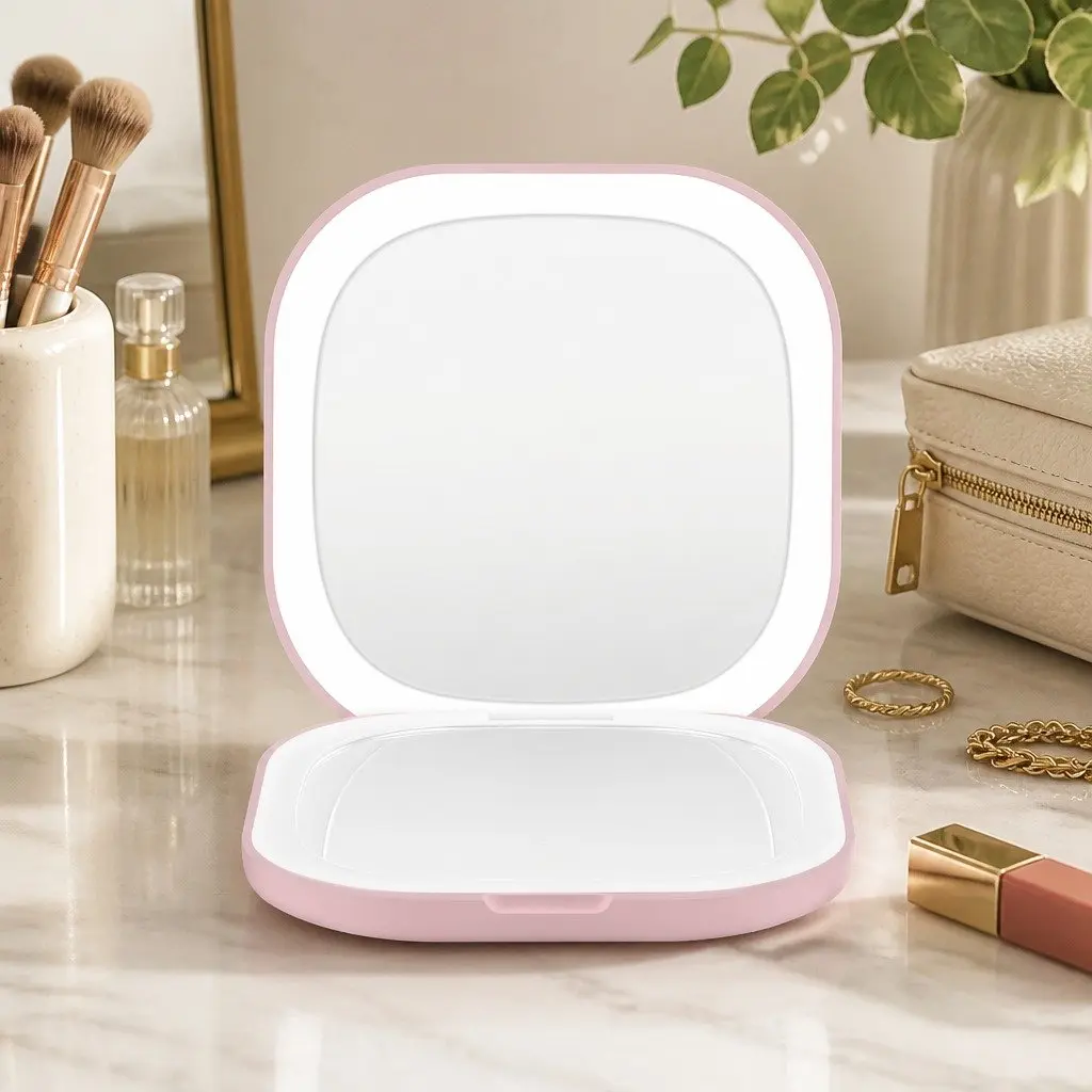 LED Makeup Mirror Dual Magnification 1x 10x Portable Lighted Square Pink
