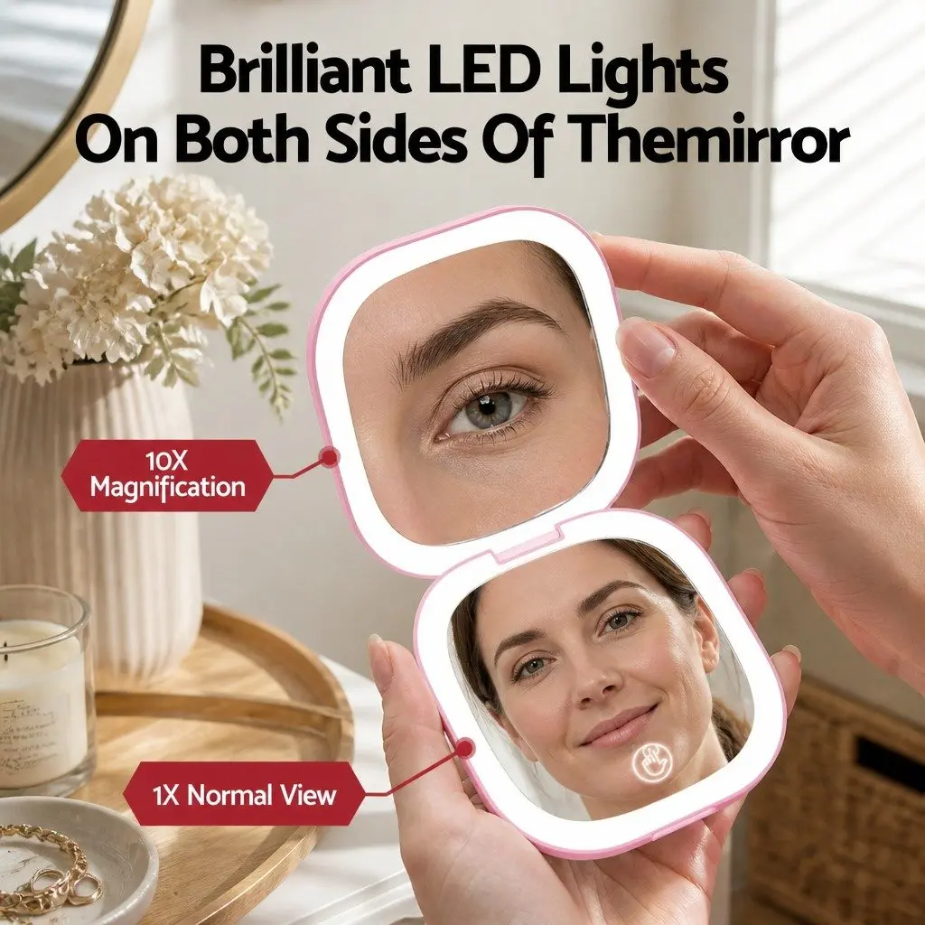 LED Makeup Mirror Dual Magnification 1x 10x Portable Lighted Square Pink
