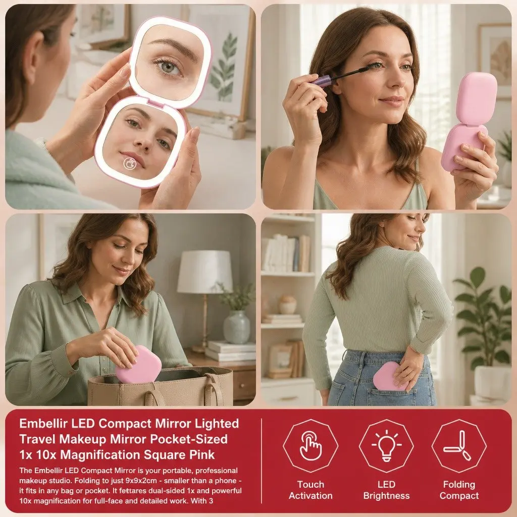 LED Makeup Mirror Dual Magnification 1x 10x Portable Lighted Square Pink