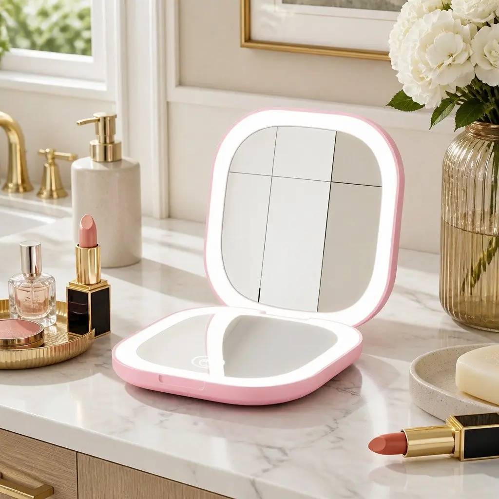 LED Makeup Mirror Dual Magnification 1x 10x Portable Lighted Square Pink