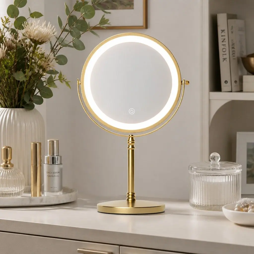 Double Sided Lighted Makeup Mirror 10X Magnification LED Tabletop Vanity Gold