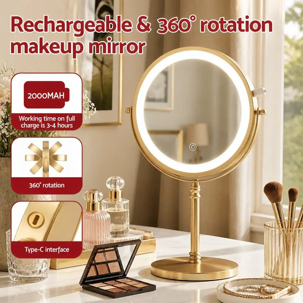 Double Sided Lighted Makeup Mirror 10X Magnification LED Tabletop Vanity Gold