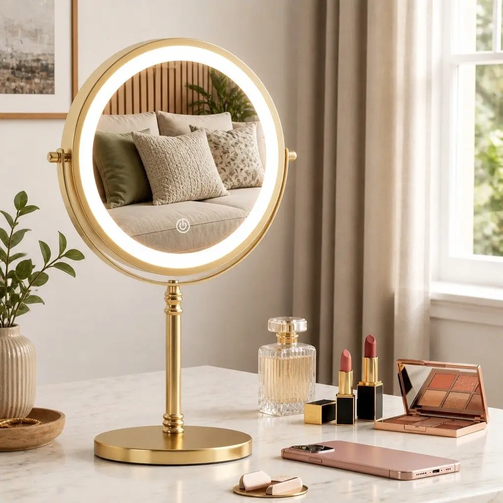 Double Sided Lighted Makeup Mirror 10X Magnification LED Tabletop Vanity Gold