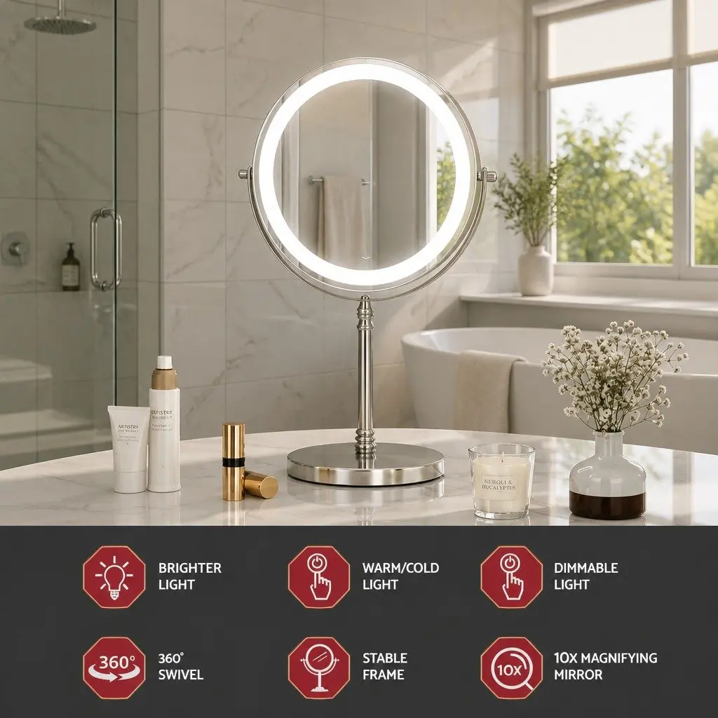 Tabletop Makeup Mirror 20cm Silver LED Light Touch Control 10X Magnification