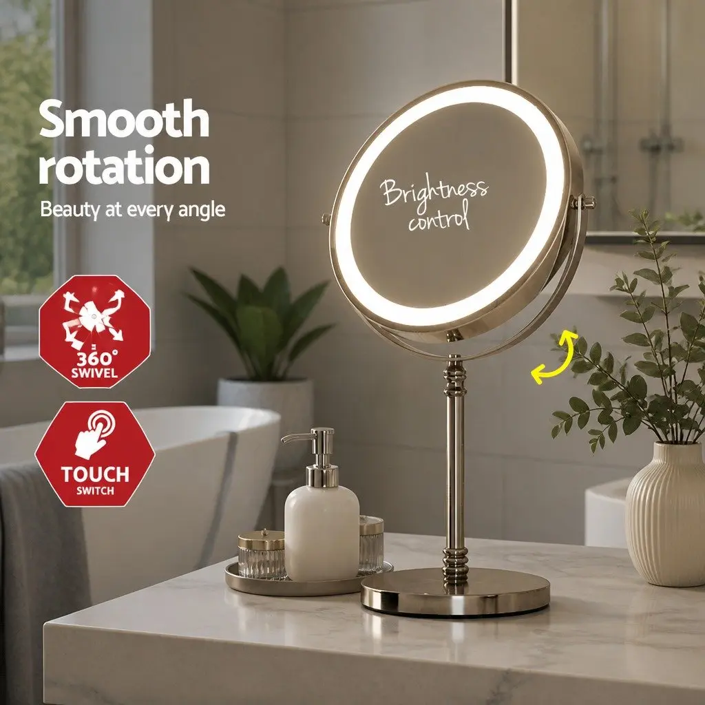 Tabletop Makeup Mirror 20cm Silver LED Light Touch Control 10X Magnification