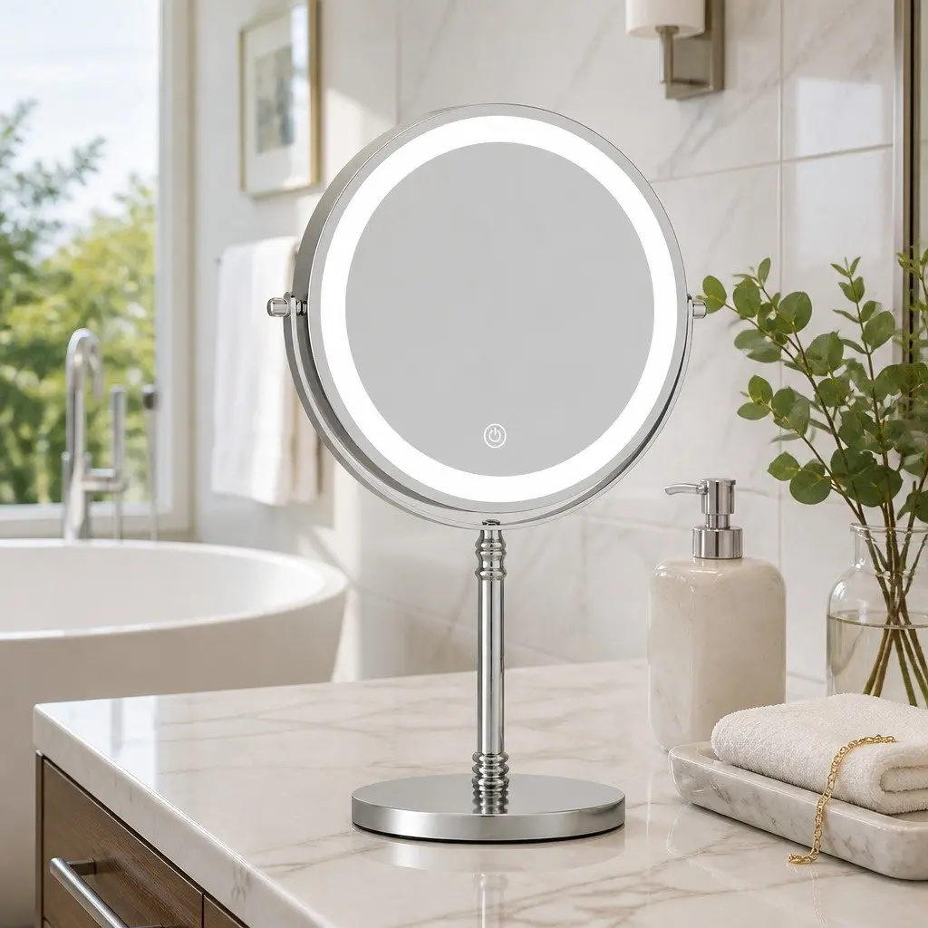 Tabletop Makeup Mirror 20cm Silver LED Light Touch Control 10X Magnification