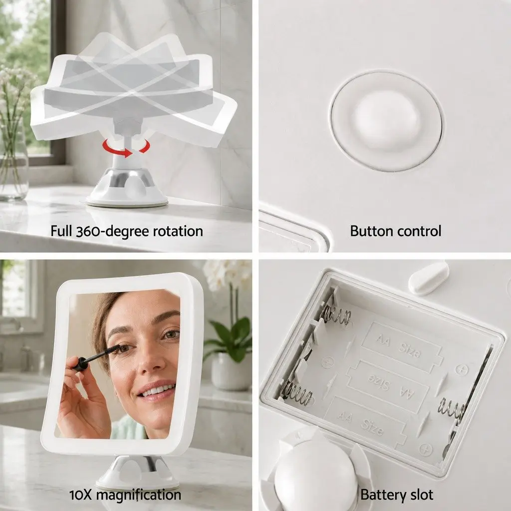 Makeup Mirror with LED Light 10X Magnification Touch Control Suction Cup White 360 Rotation Tabletop