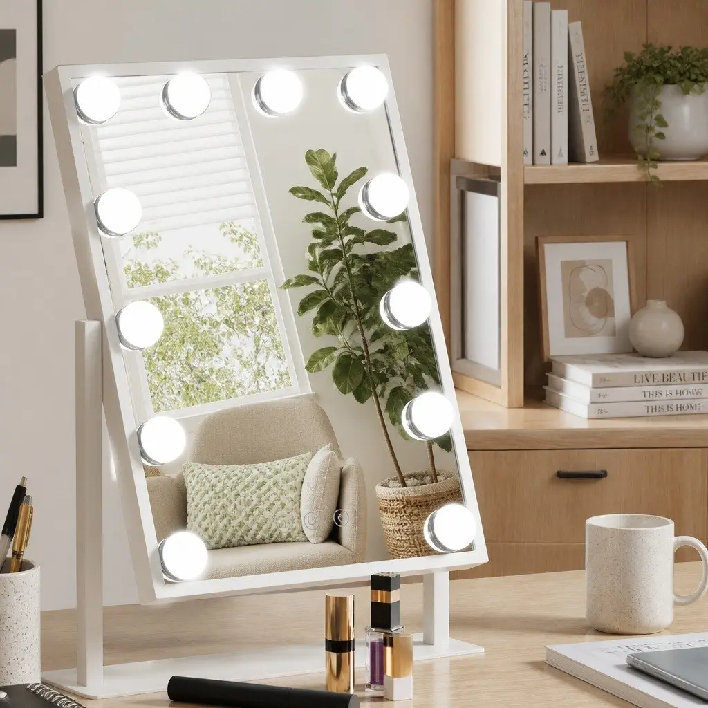 Makeup Mirror 30x41cm LED Light Rotation Tabletop White