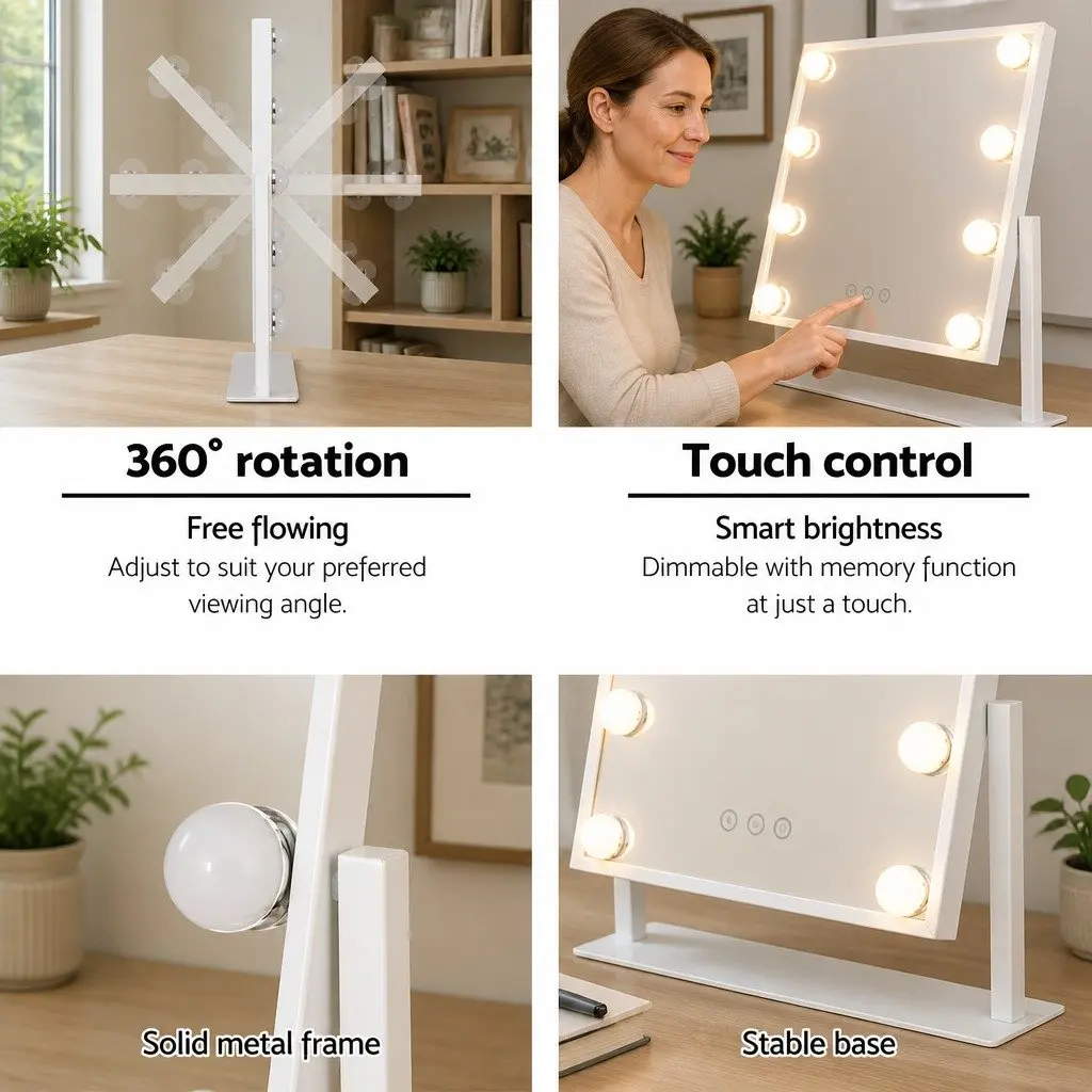 Makeup Mirror 30x41cm LED Light Rotation Tabletop White