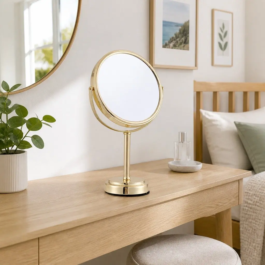 Makeup Mirror Dual-Sided 1X 5X Magnification 20x20cm Tabletop 360 Rotation Gold