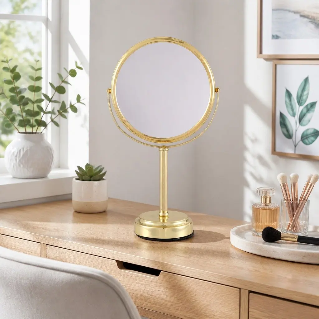 Makeup Mirror Dual-Sided 1X 5X Magnification 20x20cm Tabletop 360 Rotation Gold