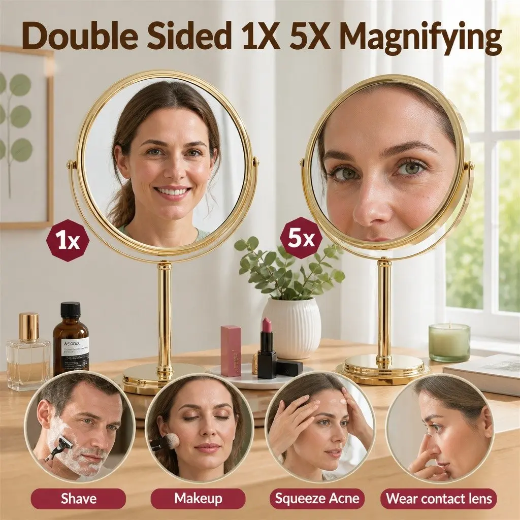 Makeup Mirror Dual-Sided 1X 5X Magnification 20x20cm Tabletop 360 Rotation Gold