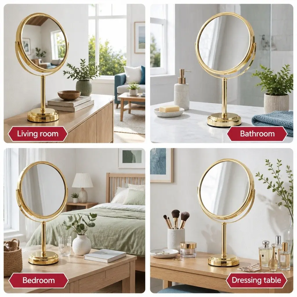Makeup Mirror Dual-Sided 1X 5X Magnification 20x20cm Tabletop 360 Rotation Gold