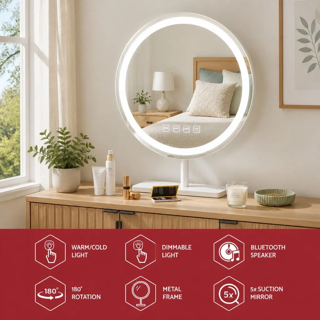 Makeup Mirror Tabletop Vanity 49x28cm with LED Light Touch Controls Bluetooth