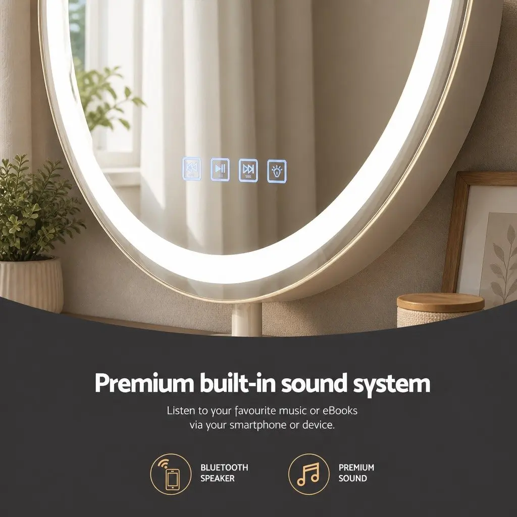 Makeup Mirror Tabletop Vanity 49x28cm with LED Light Touch Controls Bluetooth