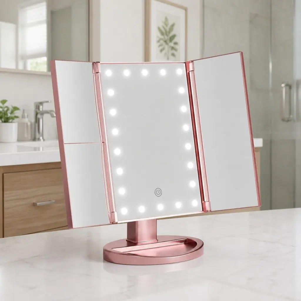 Tri-fold Makeup Mirror LED Light Touch Control 1X 2X 3X Magnifying Rose Gold