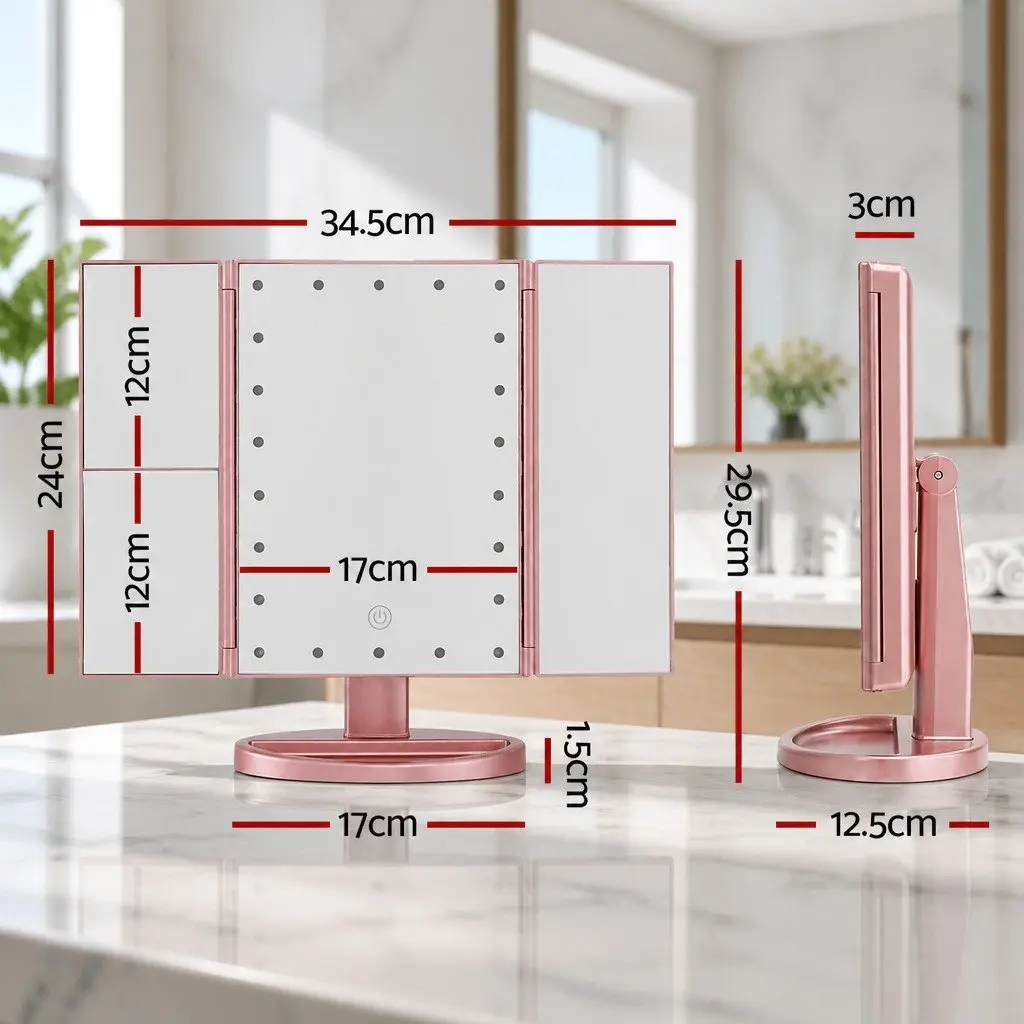 Tri-fold Makeup Mirror LED Light Touch Control 1X 2X 3X Magnifying Rose Gold