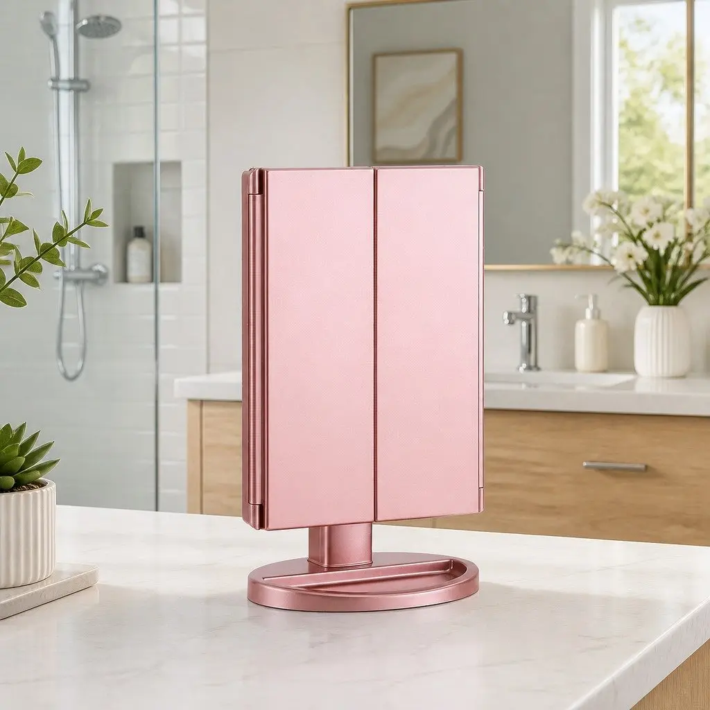 Tri-fold Makeup Mirror LED Light Touch Control 1X 2X 3X Magnifying Rose Gold