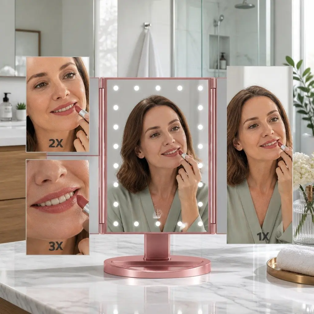 Tri-fold Makeup Mirror LED Light Touch Control 1X 2X 3X Magnifying Rose Gold