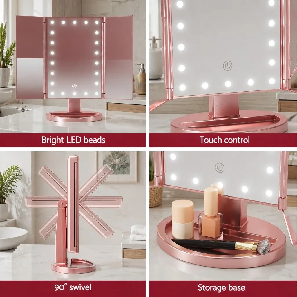 Tri-fold Makeup Mirror LED Light Touch Control 1X 2X 3X Magnifying Rose Gold