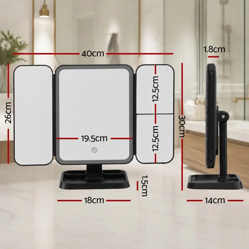 LED Makeup Mirror Tri-fold Lighted Vanity 40cm W Black