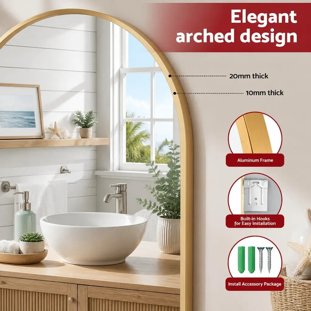 Arched Wall Mirror Vanity Bathroom 86x50cm Gold Frame Home Decor