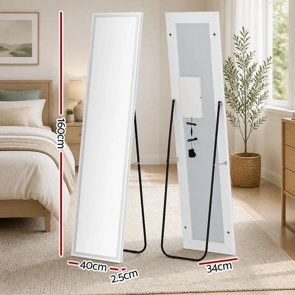 Full-Length LED Floor Mirror Adjustable Brightness Colour Temperature 160cm H x 40cm W Transparent