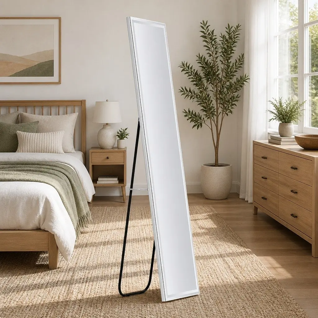 Full-Length LED Floor Mirror Adjustable Brightness Colour Temperature 160cm H x 40cm W Transparent