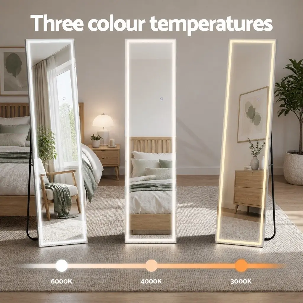 Full-Length LED Floor Mirror Adjustable Brightness Colour Temperature 160cm H x 40cm W Transparent