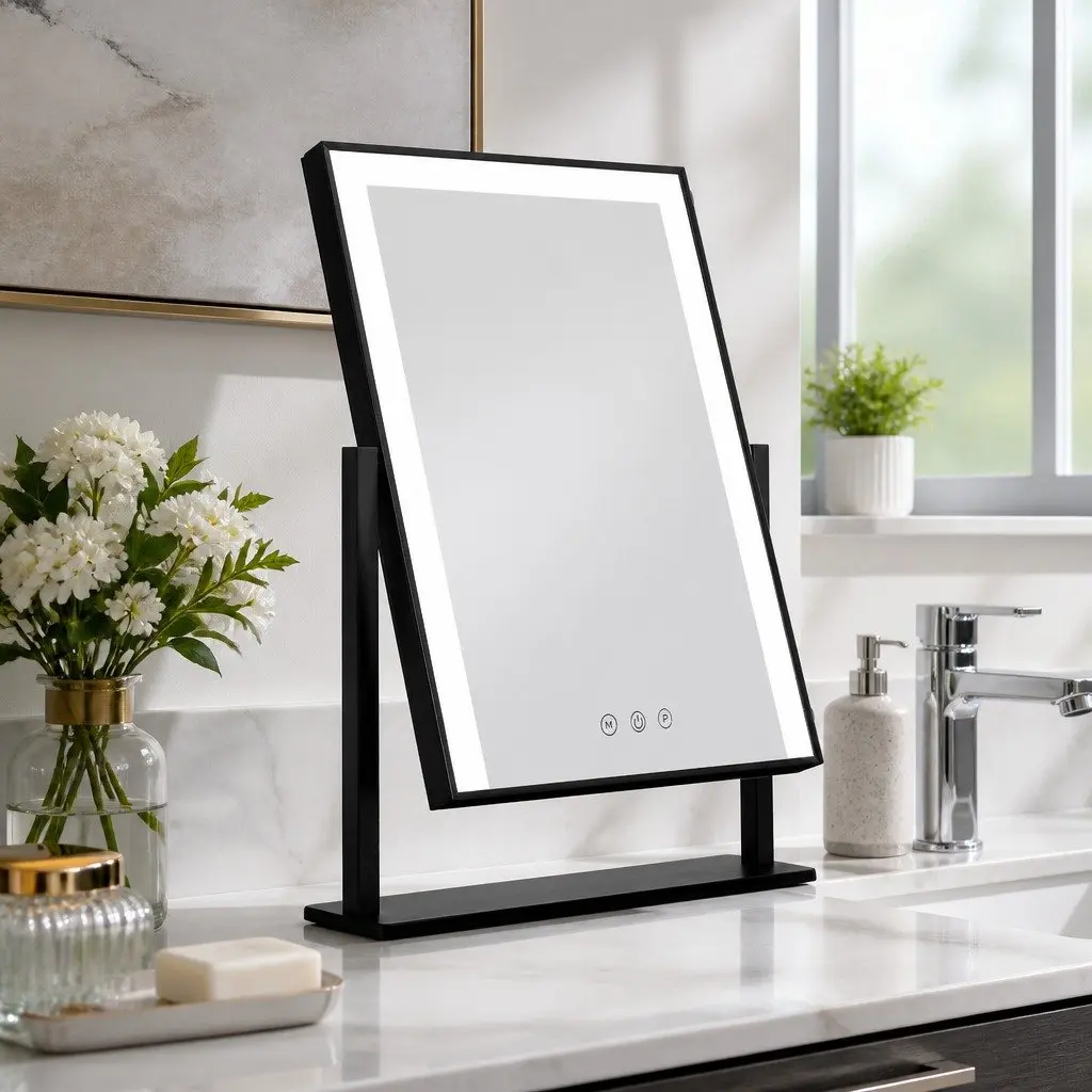 LED Light Makeup Mirror 25x30cm Rotatable Touch Control Hollywood Vanity Black
