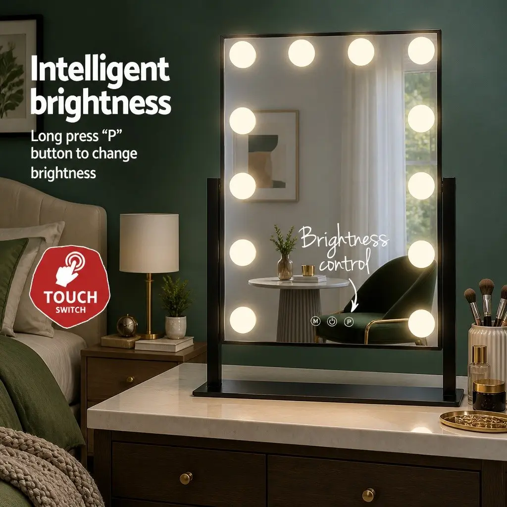 Makeup Mirror 30x48cm Hollywood Vanity with LED Light Rotation Tabletop Black